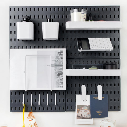 RIVTUN Pegboard Combination Kit for Wall Organizer, Wall Mounted Peg Board Kits for Kitchen, Bedroom, Office, &Bathroom, 4 Pieces Black Pegboards and 14 Accessories, 22" x 22"