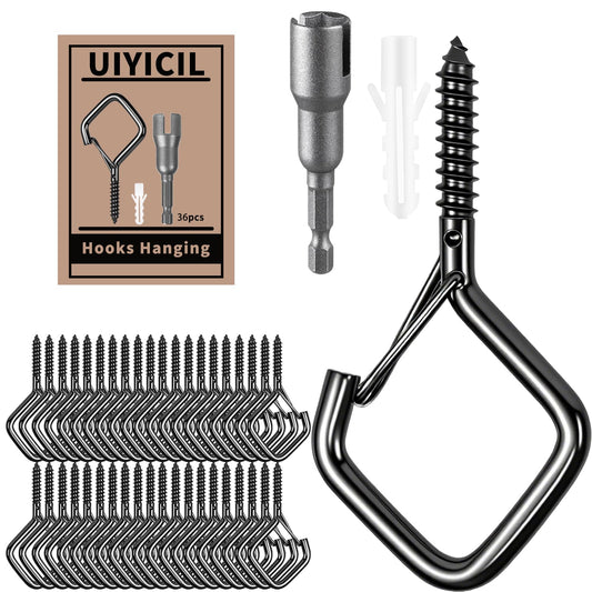 Uiyicil Heavy Duty Eye Screw Hooks for Hanging, Ceiling Hooks for Hanging Plants & Outdoor String Lights, Screw in Hooks with Safety Lock for Indoor Outdoor Decor (Black, 36 Pcs)