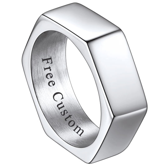 ChainsHouse Hexagon Ring Stainless Steel Geometric Biker Bands Custom Engraved Punk Jewelry for Men Women, Size 7