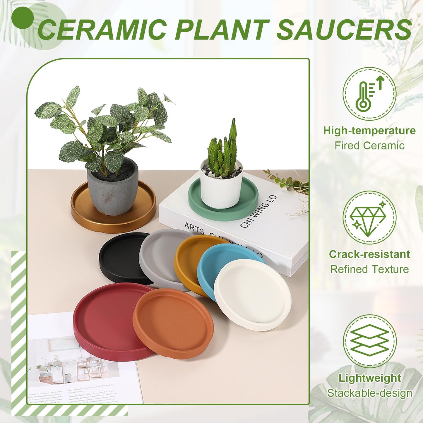 YELARXI 6.7 Inch Ceramic Plant Saucers, Round Flower Planter Water Trays Ceramic Plant Saucer Pot Tray -Fitting for (Outdoor/Indoors/Garden/Planting/Water/Flower/Coffee) Dark Gray