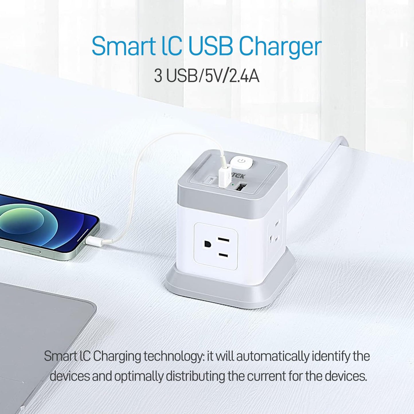 Power Strip with USB, FDTEK Flat Plug Extension Cord with 4 Outlets and 3 USB(1 USB C), 5 FT Power Cord Desktop Charging Station, Overload Protection, Compact Portable for Travel Home Office