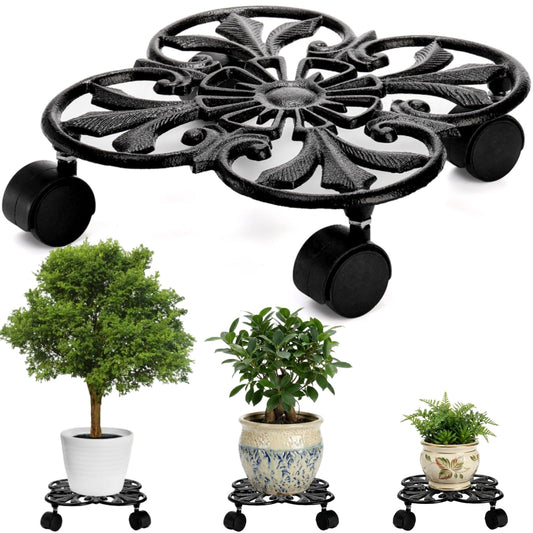 Goaste Cast Iron Plant Caddy, 11" Heavy Duty Plant Stand, Rustic Plant Trolley with 4 Rolling Wheels, Round Planter Holder for Outdoor Indoor, Large Plant Flower Pots, Load Capacity 330 Lbs (Black)