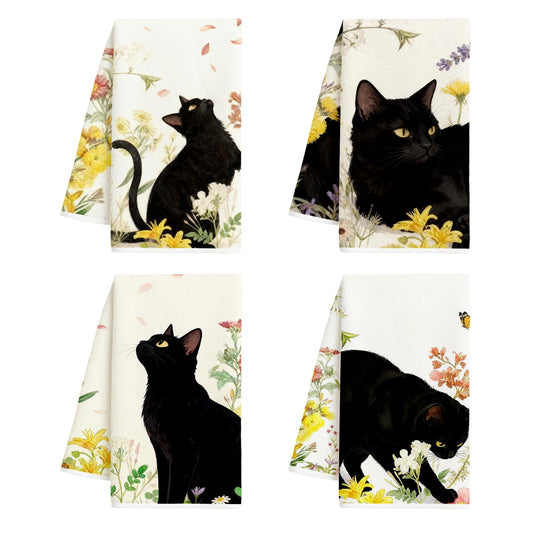 Fakindiy Black Cat Floral Kitchen Towels Set of 4 – 16x24 Inch Watercolor Floral Dish Towels, Soft Absorbent Hand Towels for Kitchen, Cat Lover Gifts for Women, Birthday & Housewarming Gift