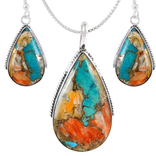 Genuine Gemstones Necklace Earrings Pendant Set 925 Sterling Silver (24" Length) (Spiny Turquoise)