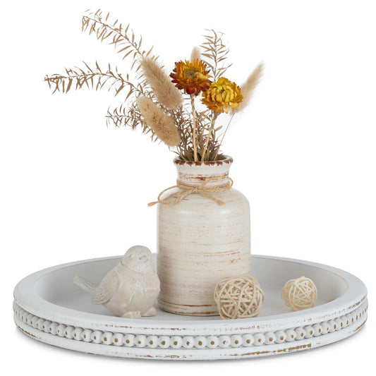 Hanobe Candle Tray Holder Decorative: Round Coffee Table Home Decor Centerpiece Boho White Serving Trays for Living Room Kitchen