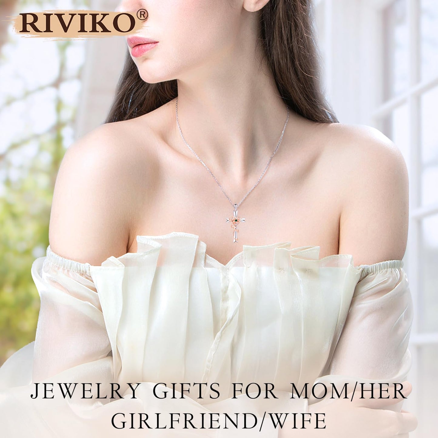 RIVIKO 925 Sterling Silver Cross May Birthstone Necklace for Women Cross Rose Pendant Necklaces Trendy Christmas Valentine's Day Jewelry Anniversary Birthday Gift for Women Her Wife Daughter