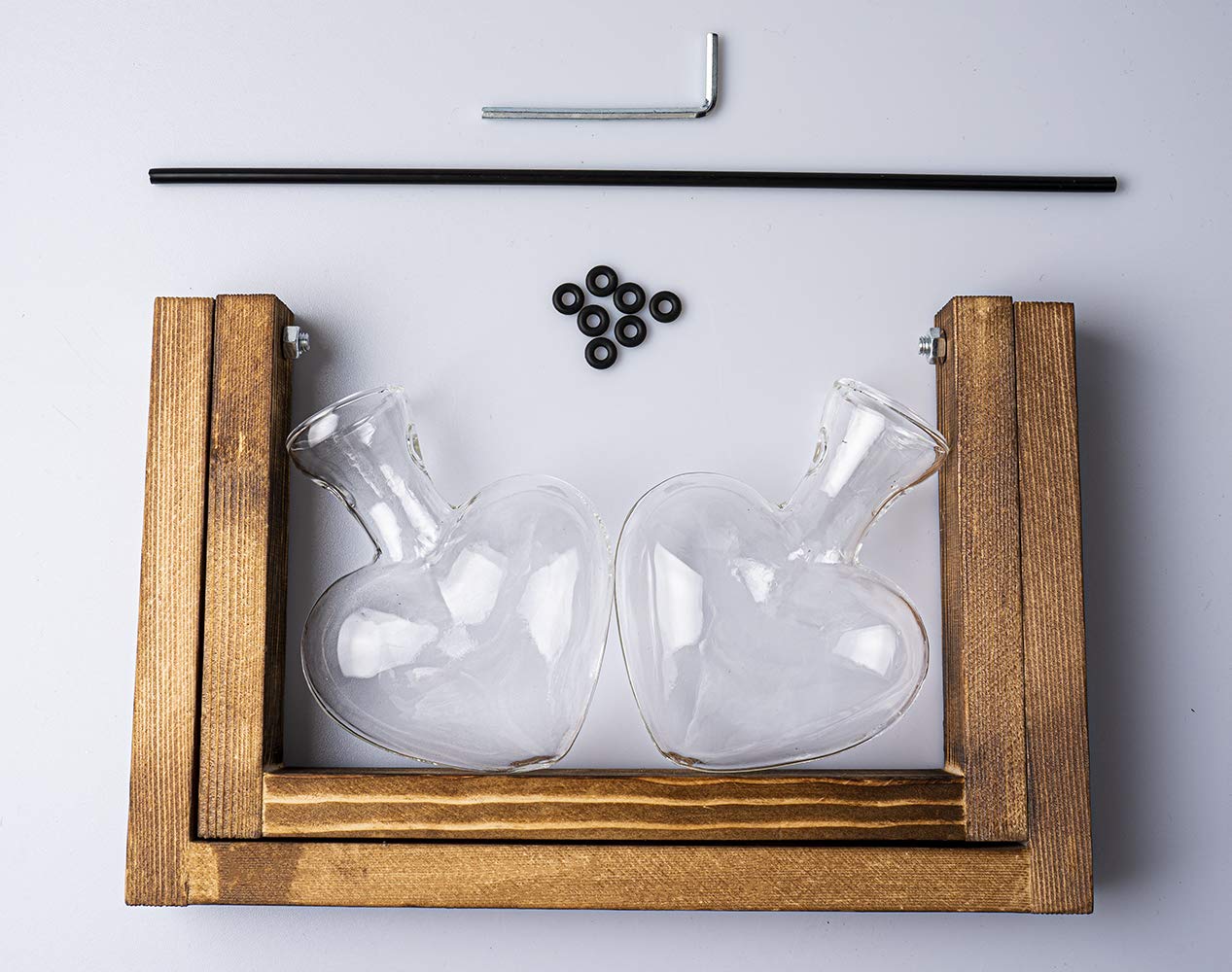 Kingbuy Glass Desktop Planter with Retro Wooden Stand and Plant Terrarium Vase (2 Hearts) for Indoor Home Office Desk Decor Accessories
