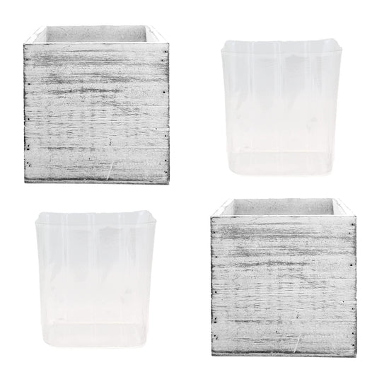 CYS EXCEL 2 PCS 5" White Cube Planter Box with Removable Plastic Liner | Multiple Choices Natural Wood Square Planter | Indoor Decorative Window Box