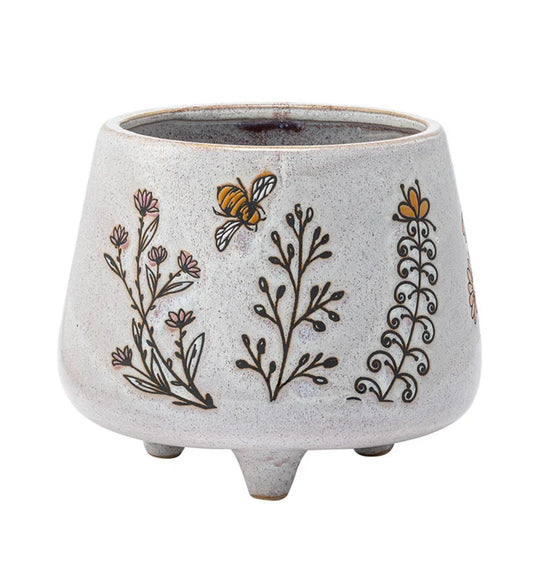 Napco Bumble Bee Flower 5.75 x 4.75 x 4.75 inches Distressed White Ceramic Flower Succulent Plant Raised Footed Pot Planter Container Holder, Indoor Outdoor Garden Décor