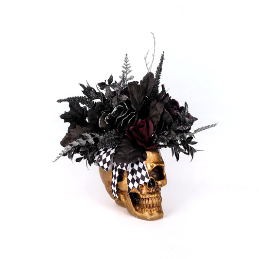 FLOROAD Halloween Decor, Gold Resin Skull Planter with Faux Plants Halloween Skull Decor for Home Coffee Table Bookshelf Dining Table Centerpiece, 14" H (Gold/Black/White/Red)