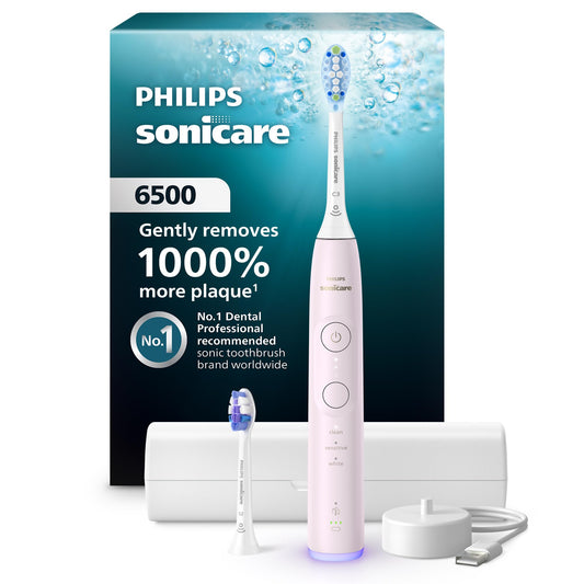 Philips Sonicare 6500 Series Electric Toothbrush - Next-Generation Sonicare Technology, Pressure Sensor, 9 Brushing Settings, SmarTimer, BrushPacer, 21-Day Runtime, Travel Case, Light Pink, HX7412/05