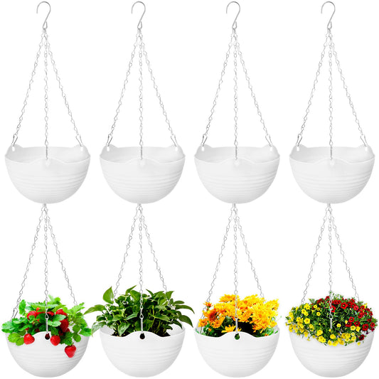 Bvrbaory 8 Pack Hanging Planter Pots,Self-Watering Flower Pot with Water Tray & Metal Chain,White Plastic Hanging Plant Pots for Indoor Outdoor Garden Decor,8 Inch