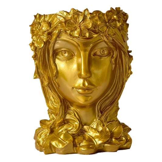 Romehaha Face Flower Pot Head Planter with Drainage Hole - Cute Resin Goddess Face Planter for Indoor & Outdoor Use (Goddess Golden, Large)