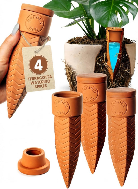 4pc Olla Watering Spikes For Plant Watering With Lids - Automatic Terracotta Self Watering Spikes For Indoor Plants & Outdoor - Terracotta Watering Spikes For 8" Pots Or Larger Water Plants While Away