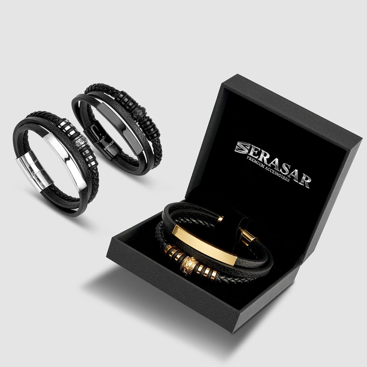 SERASAR Mens Leather Bracelets African Bracelet for Men Black Cowhide Gift Box Braided Stainless Steel Jewelry Wrist Band Cuff Wrap Rope Bangle Dad Man Pulseras para Hombres Cuero Regalo