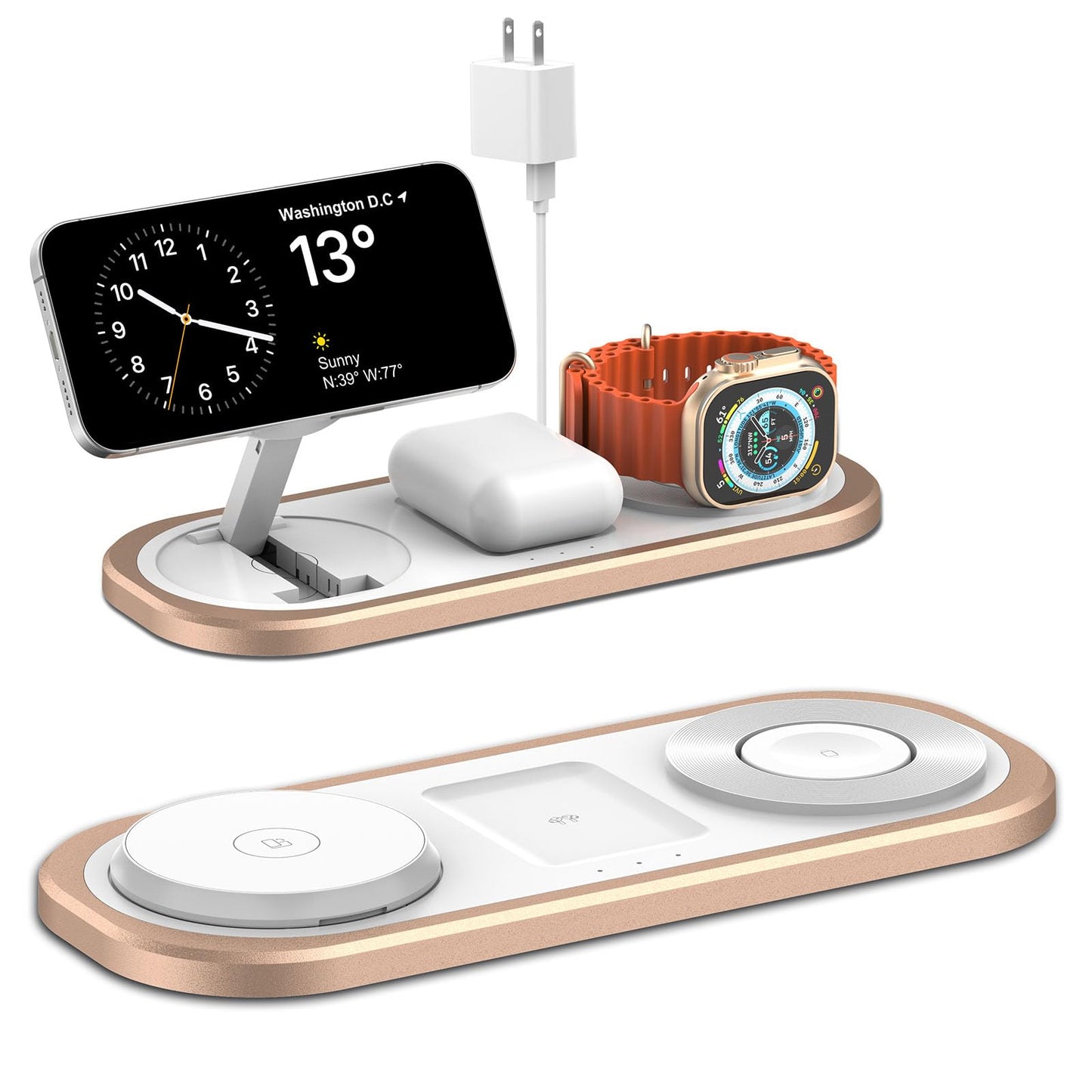 3 in 1 Fast Wireless Charger Stand for iPhone, Foldable Travel Charging Station for Magsafe for iPhone 17/Air/16/15/14/13/12 Series, Apple Watch Series, AirPods pro/2/3/4, Gifts for Women Men (Golden)