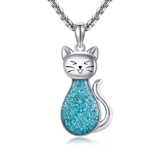 HKPATOP Turquoise Cat Necklace 925 Sterling Silver Turquoise Necklace Cute Cat Jewelry Gifts for Women Men