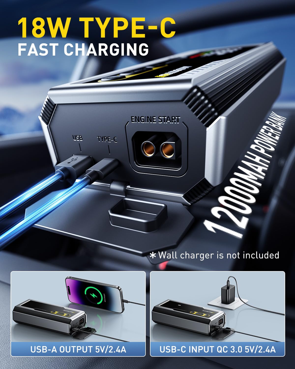 AUXITO 6000A Jump Starter, 12V Car Battery Jump Starter, Up to All Gas & 12L Diesel Engine with LED Display, Portable Jump Box with 3 Modes Flashlight and Jumper Cable, Storage Case