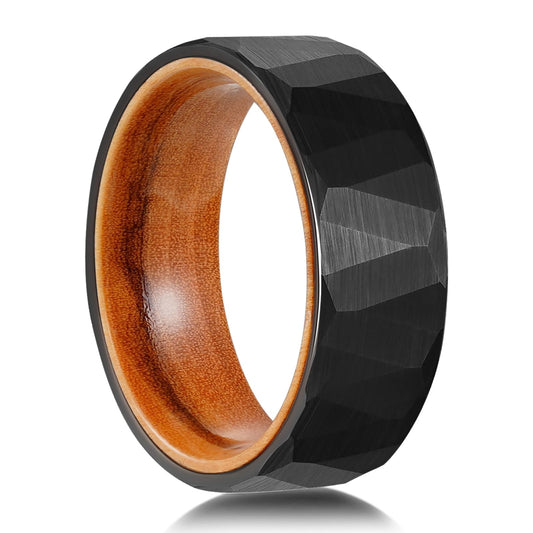 JEWPER 2/4/6/8mm Black/silver/gold Tungsten Rings for Men Womens Couple Fashion Jewelry Promise Engagement Wedding Band Hammered Inner ring inlaid with olive wood Carbide Polished Edge Comfort Fit