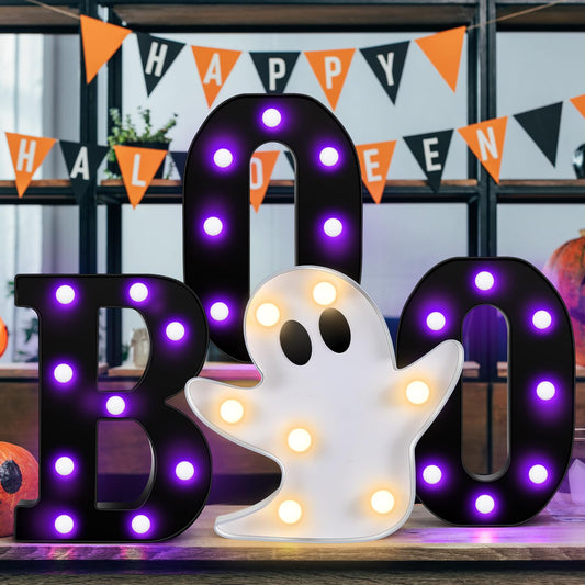 Aurelema Halloween Decorations Indoor, 4 LED Marquee Light up Letters Sign, Boo and Ghost Marquee Halloween Decorations Lights for Outdoor Mantel Kitchen Room Bedroom Wall Tabletop Party Supplies