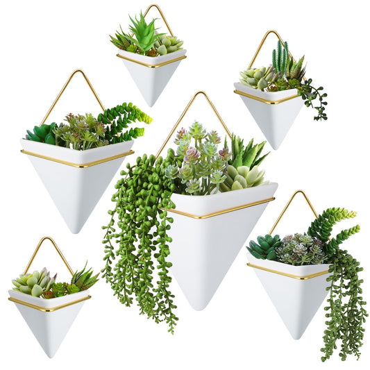 Rtteri 30 Pcs Fake Wall Planters with Artificial Plants for Indoor Wall Planter with Faux Plants Geometric Vase Pot (8.2/5.9/4 Inch) Ceramic Holder and Artificial Succulent for Home Office