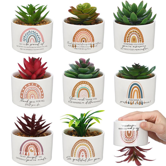 Tioncy 9 Pcs Thank You Rainbow Succulent Pots with Artificial Plants for Coworker Gifts Employee Appreciation Gift Ceramic Funny Rainbow Pots for Coworker Planter Teacher Volunteer Nurse Birthday Gift