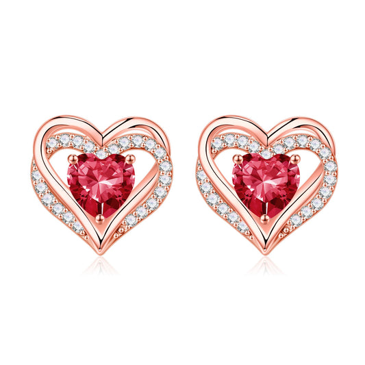 Iefil Heart Stud Earrings for Women, 925 Sterling Silver Rose-Gold-Plated July Birthstone Red Ruby Earrings