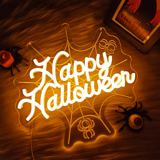 hhuohuona Happy Halloween Neon Sign Dimmable Neon Halloween Sign 3D Spider Web With Glowing Happy Halloween Led Window Lights Gothic Light Up Sign for Party
