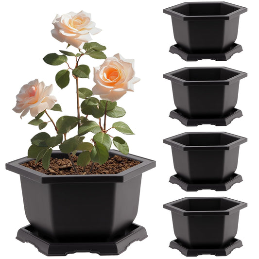 PINGEUI 4 Pack Plastic Bonsai Pot, 7.5 Inches Bonsai Training Pots with Drainage Humidity Tray, Large Bonsai Plant Tree Pots for Garden, Yard, Balcony