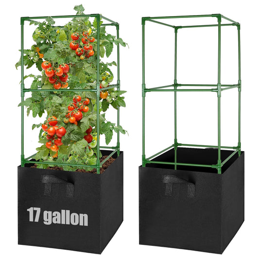 ANPHSIN Sturdy Square Tomato Cage with Movable 17 Gal Grow Bags - 2 Sets 47'' Plants Garden Trellis Planter, Support for Indoor Outdoor, Cucumber, Beans, Peppers, Eggplants, Climbing Vegetables