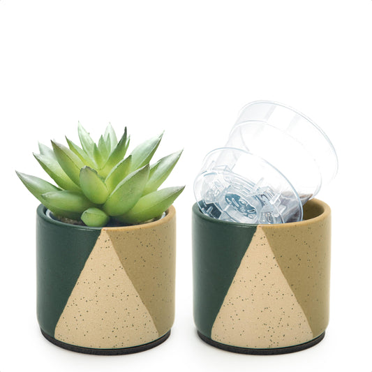 D'vine Dev 3.5" Stoneware Cachepot Planter with 3" Clear Nursery Pot & Detachable Saucer – Indoor Plant Pot with Drainage for Bottom Watering & Root Visibility, Desert Forest, Set of 2, 93-V-A-1