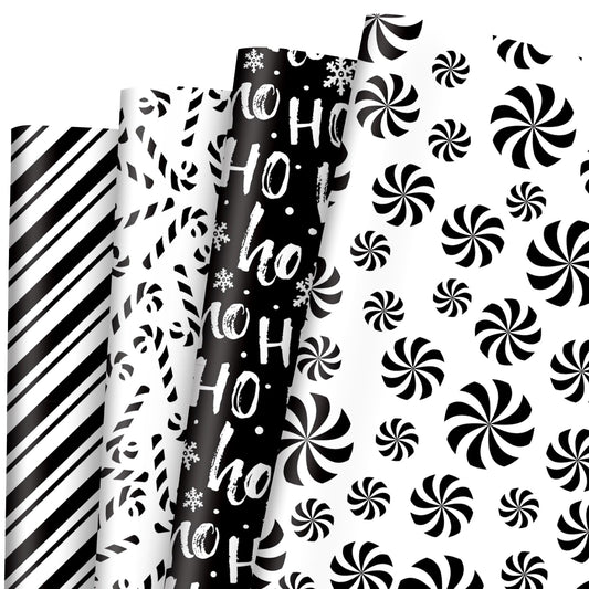 JarThenaAMCS 12 Sheets Christmas Wrapping Paper -Not Roll- Black White Gift Wrap Paper Candy Cane Stripe Folded Flat Craft Papers for Xmas Winter Party Packaging, 27.6 x 19.7 Inch