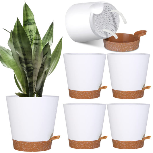 5 Pack Self Watering Plant Pots, 6 inch Plastic Plant Pots Set Bottom Watering Planters With Absorbent Rope & Saucer, Self Watering for Indoor Plants Minimalist Decor Outdoor Garden Flower. (White)