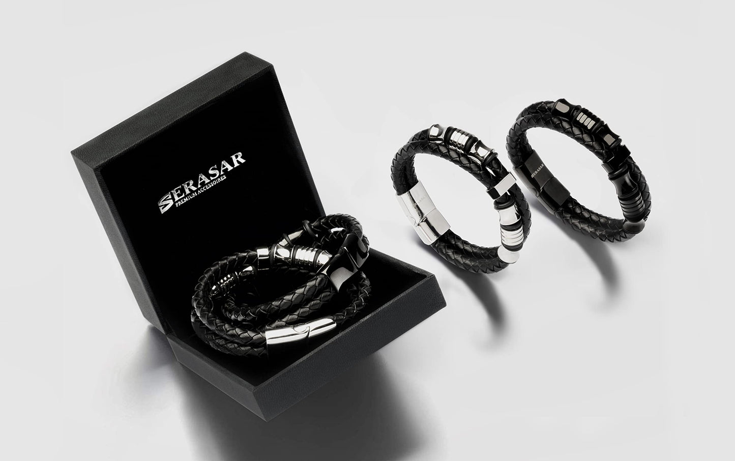 SERASAR 8″ Silver Leather Bracelets for Men Mens Cowhide Gift Box Braided Bracelet Stainless Steel Jewelry Wrist Band Cuff Wrap Rope Bangle Dad Pulseras para Hombres Cuero Regalo