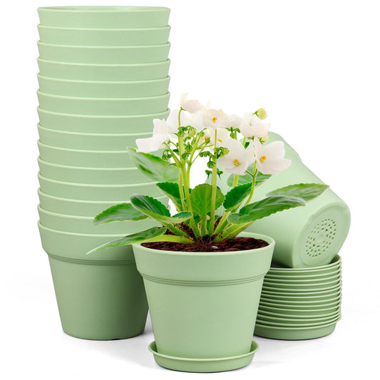 Meowell 6 inch Plastic Nursery Pots, 16 Pack Plant Pots for Small Indoor Outdoor Plants, Flower Pots with Drainage Holes and Saucers, Decorative Seeding Starter Planters for Houseplants, Green