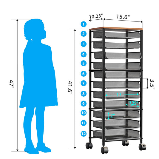 Simple Trending 12 Tier Rolling File Cart,Wood Desk File Organizer with Sliding Trays and Wetal Mesh Paper Letter Storage Multi-Functional Rolling Clutter Cart for Office, Home, School, Black