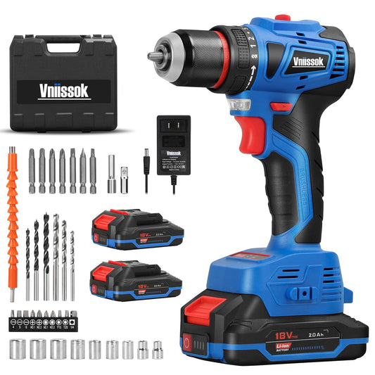 Vniissok Cordless Drill Set,18V Brushless Power impach driver with Battery and Charger, 3/8" Keyless Chuck, Variable Speed, Drill Driver Bits Kit for Drilling and Tightening/Loosening Screws