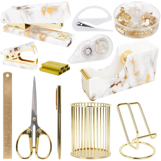 Office Desk Accessories Supplies - 13 Pcs Women Gold Marble Desk Decor Set, Cute Aesthetic Office Essentials Kit, Stapler Tape Dispenser Pen Organizer, Acrylic Mini Teacher Stuff for School Home Work