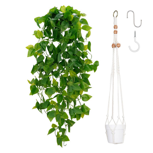BLEUM CADE 1pcs Fake Hanging Plants Kit with Pot and Plant Hanger, Artificial Pothos Vines Hanging Potted Plant Greenery for Home Living Room Indoor Outdoor Decor