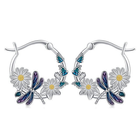 JUSTKIDSTOY Dragonfly Earrings 925 Sterling Silver Daisy Flower Hoop Earrings Jewelry Dragonfly Graduation Gifts for Women Daughter Her