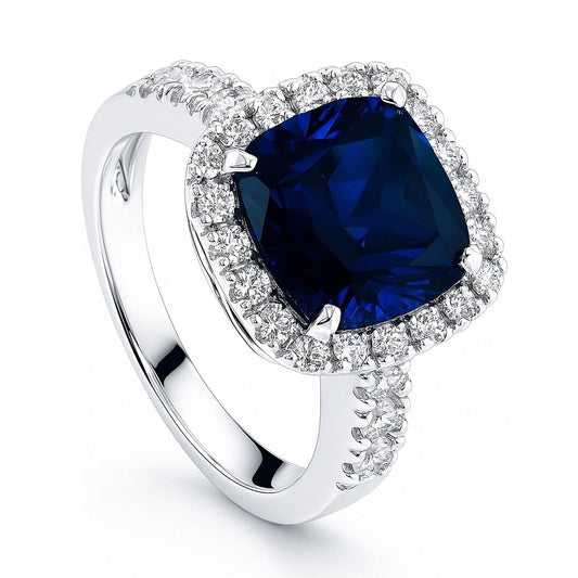 BERRICLE Sterling Silver Halo Simulated Blue Sapphire Cushion Cut Cubic Zirconia CZ Statement Cocktail Fashion Ring for Women, Rhodium Plated