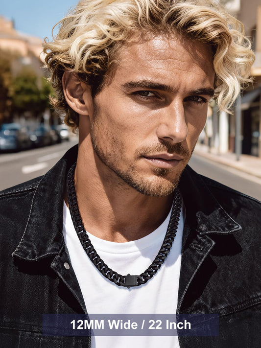 Bandmax Black Miami Link Chain Necklace for Men 12MM Chunky Heavy Cuban Chains 24 Inches 80S 90S Hip Hop Rock Party Jewelry Mens Chain Necklace Gift