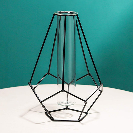 Metal Frame Vase Geometric Glass Flower Vase, Lantern Shape Glass Test Tube Vase, Modern Creative Clear Tube Glass Planter Terrariums with Geometric Metal Stand for Decor Office Home (Black B)