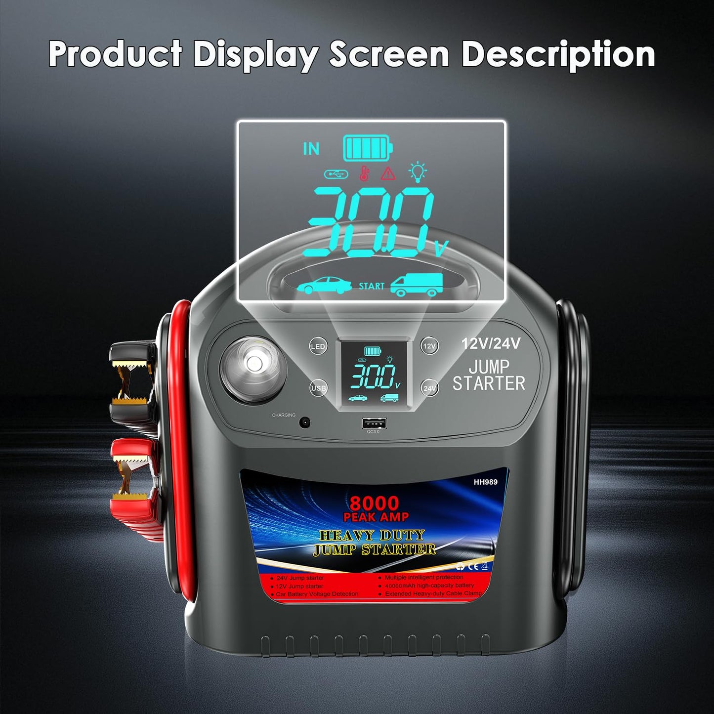8000A Car Battery Jump Starter -E-Ant 12V/24V Intelligent Car Jump Starter Portable for Commercial Vehicles and Diesel Engines, Heavy Duty Jump Box Power Pack with LED Light