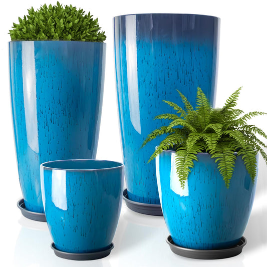 ZMTECH 24/21/12/10" H Large Plastic Planters with Drainage Hole & Saucer, Set of 4 Tall Plant Pots for Indoor/Outdoor Use, Gradient Blue Glossy Smooth Flower Pot for Front Porch Patio Garden