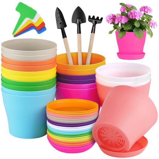 Hahood 20 Pack Plastic Planters 5.5 Inch Plant Flower Pot with Trays, Seedlings Nursery Pots Planter Flower Container Seed Pots for Seedling, Transplanting, Cutting, Assorted 10 Colors