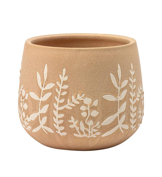 Napco Fern Leaf Vines 5 x 5 x 4.75 inches Beige on Clay Tan Ceramic Flower Succulent Plant Pot Planter Container Holder, Indoor Outdoor Garden Décor