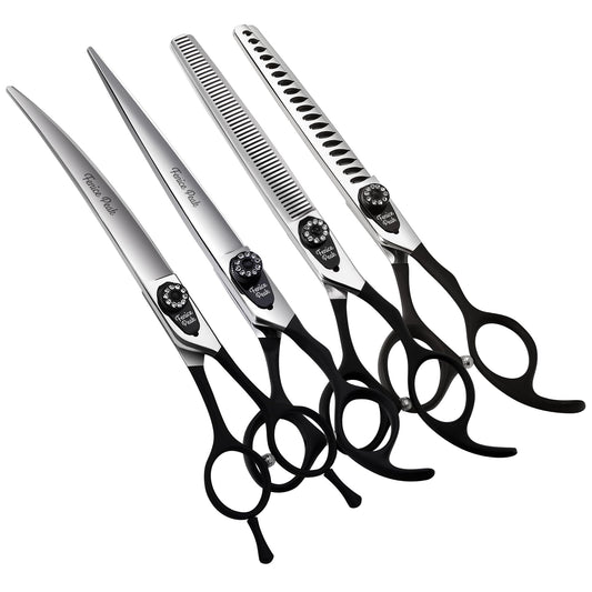 Fenice Peak 7.5'' Professional Dog Grooming Scissors Set with Black Non-Slip Handle 440C Stainless Steel Straight Thinning Curved Chunker Shears 4pcs Set for Pet Grooming Services