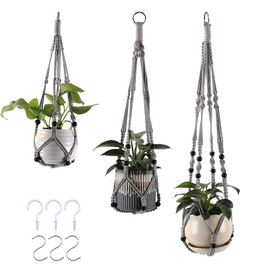 MKO SHUN 3-Pack Macrame Plant Hanger Indoor - Hanging Planter Basket for Indoor Outdoor - Decorative Boho Plant Holders Set with Beads - Ceiling Flower Pot Holder with 6 Hooks - 35"/30"/24" Gray