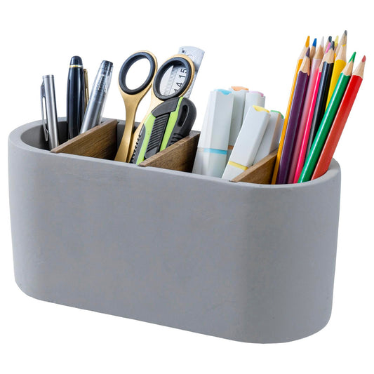 MyGift Pen Holder & Pencil Cup Modern Oval Gray Cement Desktop Office Stationery Organizer with Removable Acacia Wood Dividers
